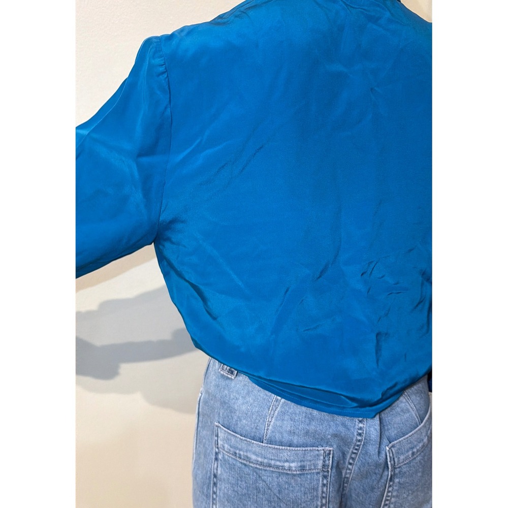 Anne Taylor 100% Silk Blouse Teal Blue Double Pocket Button Down Shirt - Picture 8 of 12